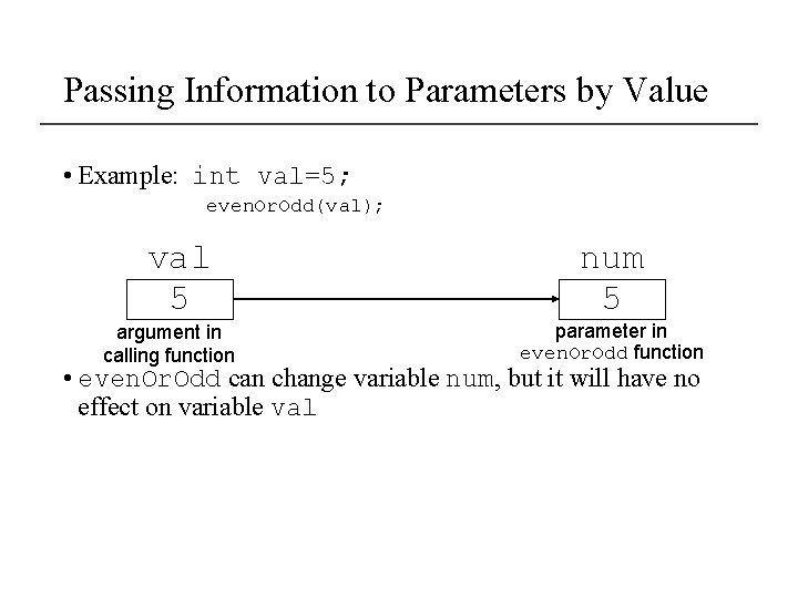 Passing Information to Parameters by Value • Example: int val=5; even. Or. Odd(val); val
