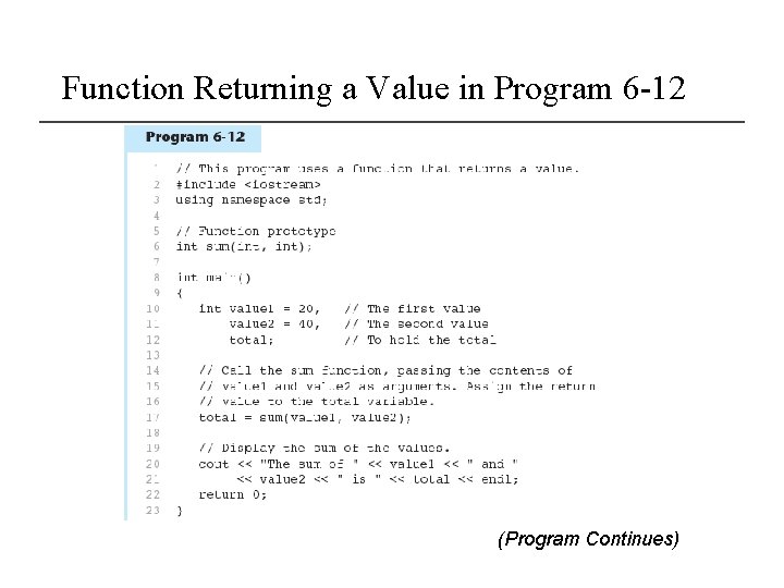 Function Returning a Value in Program 6 -12 (Program Continues) 
