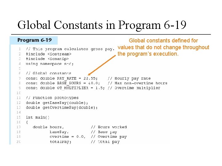 Global Constants in Program 6 -19 Global constants defined for values that do not