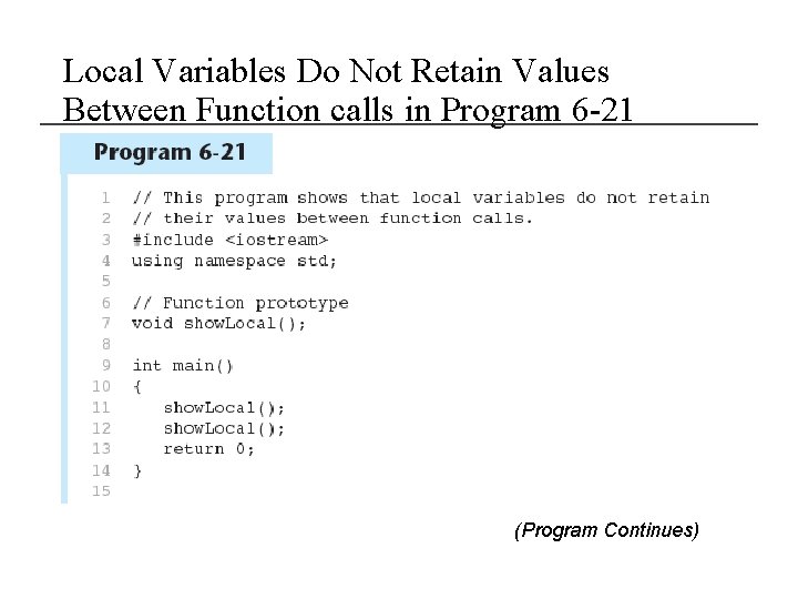 Local Variables Do Not Retain Values Between Function calls in Program 6 -21 (Program