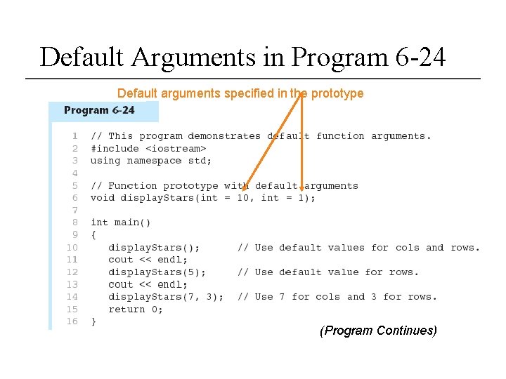 Default Arguments in Program 6 -24 Default arguments specified in the prototype (Program Continues)