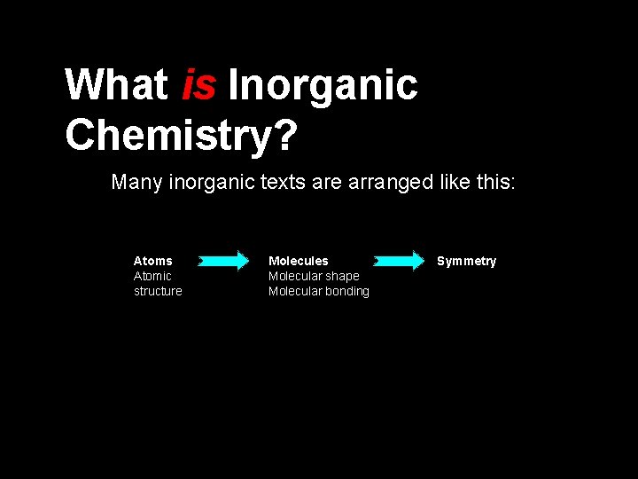 What is Inorganic Chemistry? Many inorganic texts are arranged like this: Atoms Atomic structure