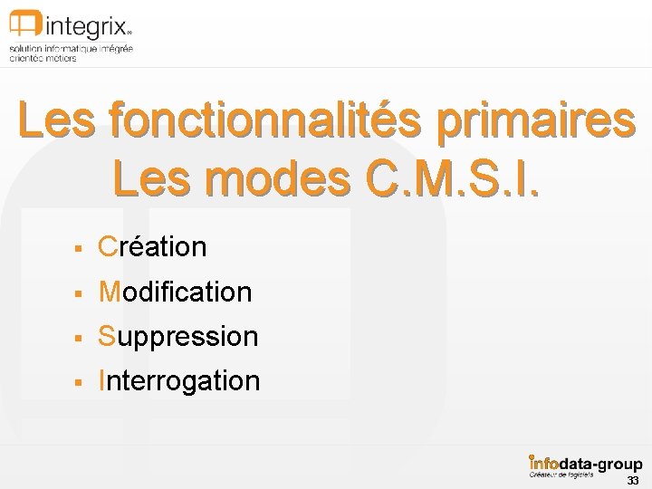 Les fonctionnalités primaires Les modes C. M. S. I. § Création § Modification §