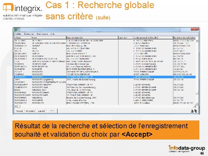 Cas 1 : Recherche globale sans critère (suite) Résultat de la recherche et sélection