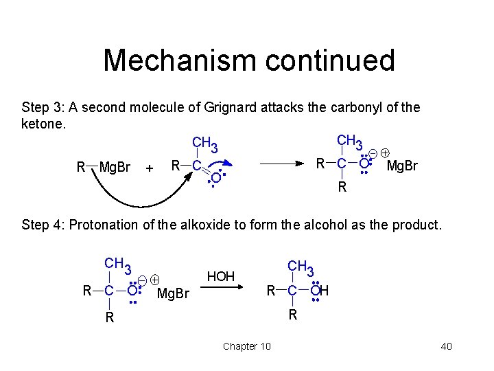 Mechanism continued Step 3: A second molecule of Grignard attacks the carbonyl of the Mechanism continued Step 3: A second molecule of Grignard attacks the carbonyl of the