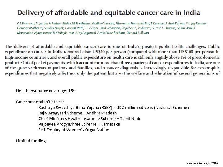 Health Insurance coverage: 15% Governmental Initiatives: Rashtrya Swasthiya Bima Yojana (RSBY) - 302 million