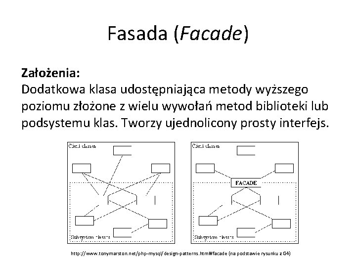 Fasada (Facade) Założenia: Dodatkowa klasa udostępniająca metody wyższego poziomu złożone z wielu wywołań metod