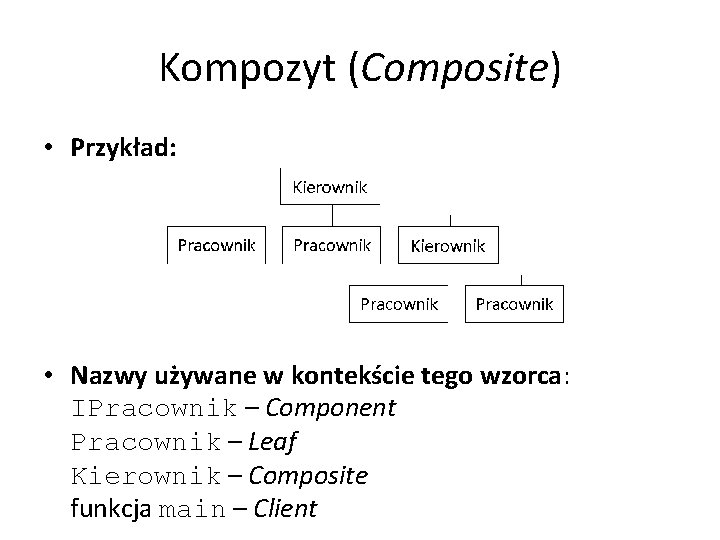 Kompozyt (Composite) • Przykład: • Nazwy używane w kontekście tego wzorca: IPracownik – Component