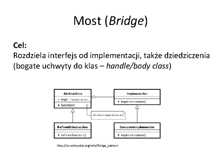 Most (Bridge) Cel: Rozdziela interfejs od implementacji, także dziedziczenia (bogate uchwyty do klas –