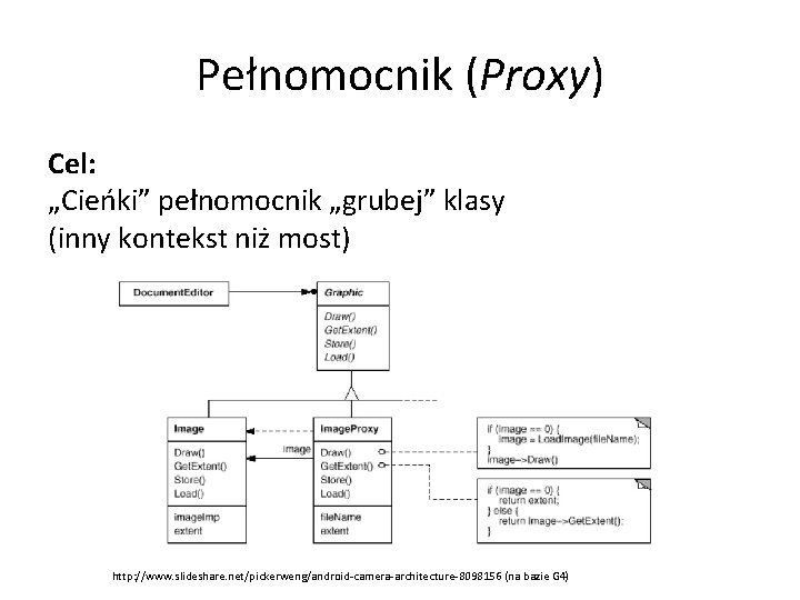 Pełnomocnik (Proxy) Cel: „Cieńki” pełnomocnik „grubej” klasy (inny kontekst niż most) http: //www. slideshare.