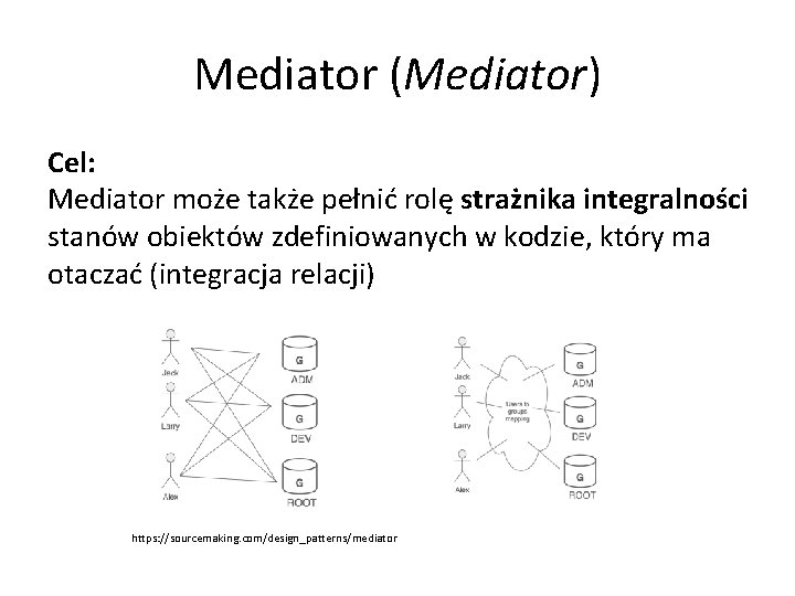 Mediator (Mediator) Cel: Mediator może także pełnić rolę strażnika integralności stanów obiektów zdefiniowanych w