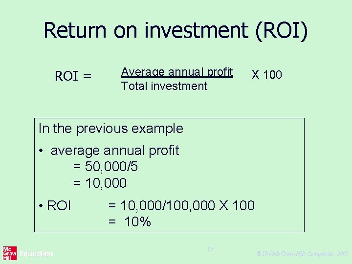 Return on investment (ROI) ROI = Average annual profit Total investment X 100 In