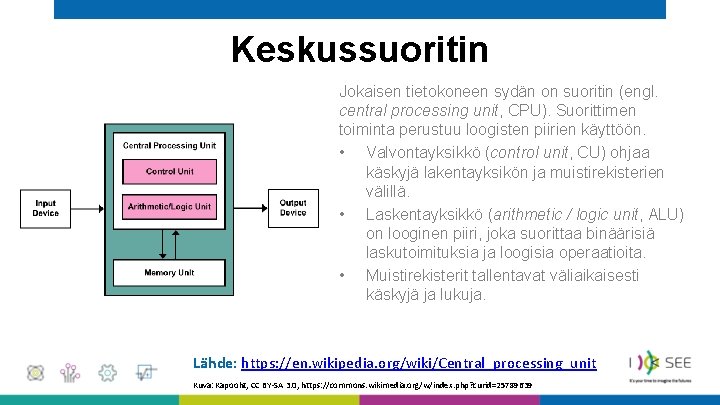 Keskussuoritin Jokaisen tietokoneen sydän on suoritin (engl. central processing unit, CPU). Suorittimen toiminta perustuu