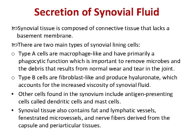 Secretion of Synovial Fluid Synovial tissue is composed of connective tissue that lacks a