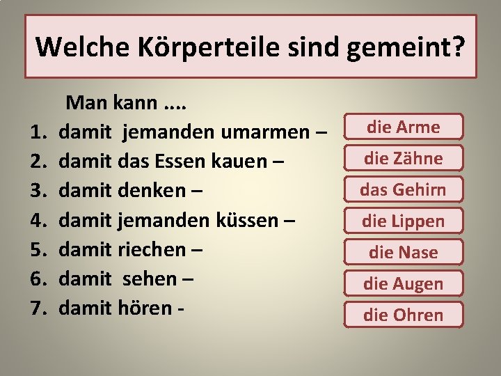 Welche Körperteile sind gemeint? 1. 2. 3. 4. 5. 6. 7. Man kann. .
