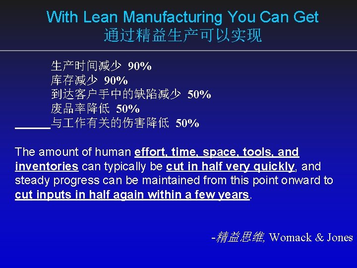 With Lean Manufacturing You Can Get 通过精益生产可以实现 生产时间减少 90% 库存减少 90% 到达客户手中的缺陷减少 50% 废品率降低