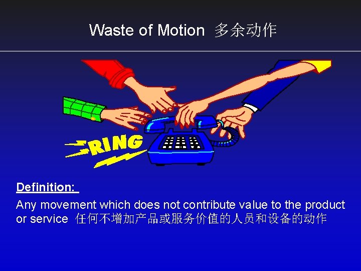 Waste of Motion 多余动作 Definition: Any movement which does not contribute value to the