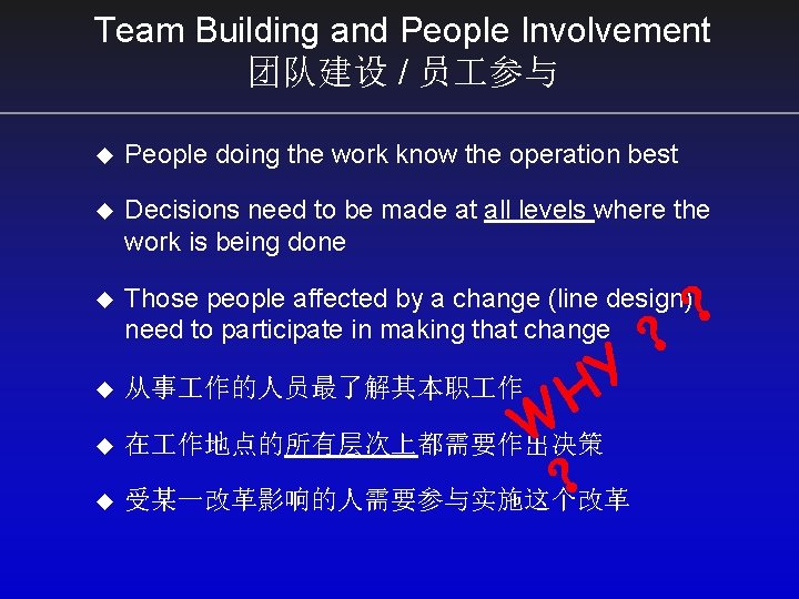 Team Building and People Involvement 团队建设 / 员 参与 u People doing the work