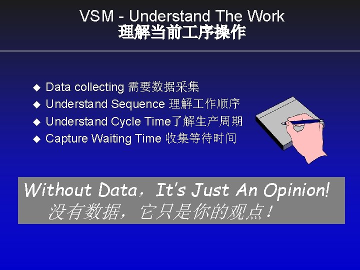 VSM - Understand The Work 理解当前 序操作 u u Data collecting 需要数据采集 Understand Sequence