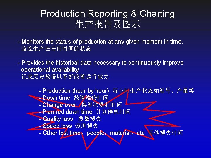 Production Reporting & Charting 生产报告及图示 - Monitors the status of production at any given