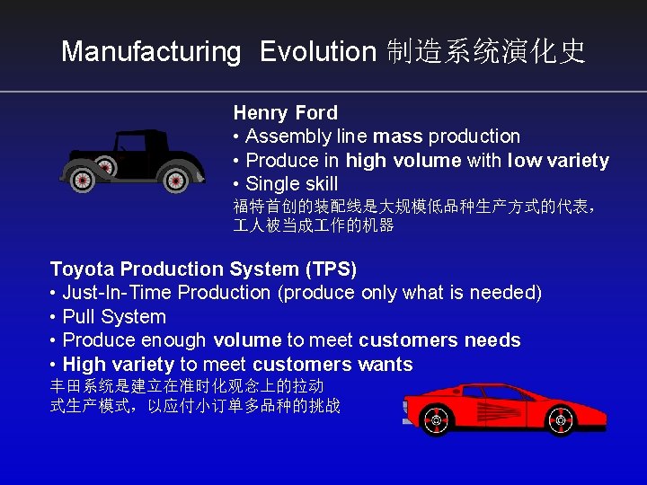 Manufacturing Evolution 制造系统演化史 Henry Ford • Assembly line mass production • Produce in high