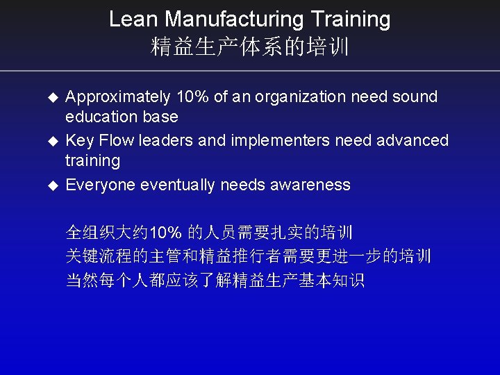 Lean Manufacturing Training 精益生产体系的培训 u u u Approximately 10% of an organization need sound