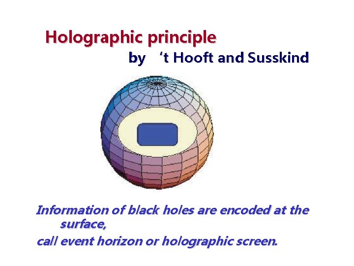 Holographic principle by ‘t Hooft and Susskind Information of black holes are encoded at