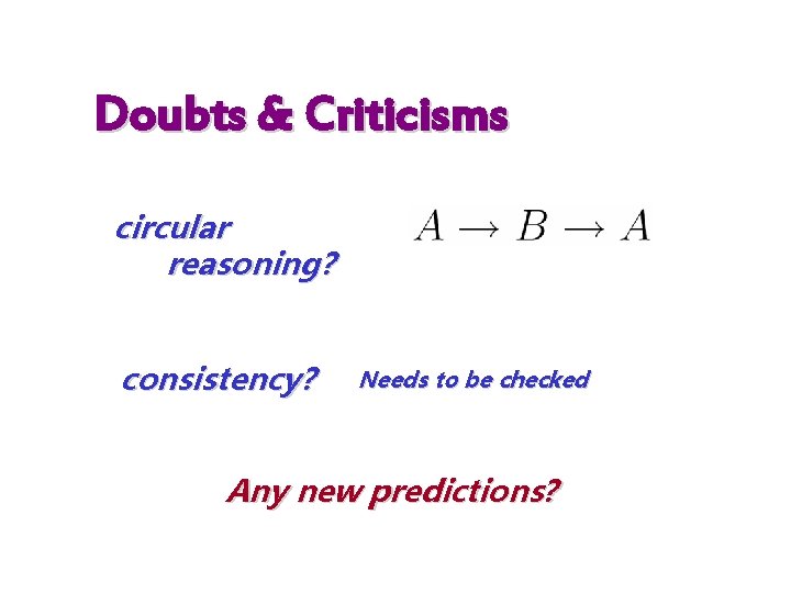 Doubts & Criticisms circular reasoning? consistency? Needs to be checked Any new predictions? 