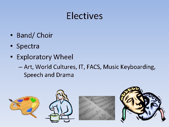 Electives • Band/ Choir • Spectra • Exploratory Wheel – Art, World Cultures, IT,