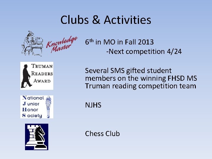 Clubs & Activities 6 th in MO in Fall 2013 -Next competition 4/24 Several