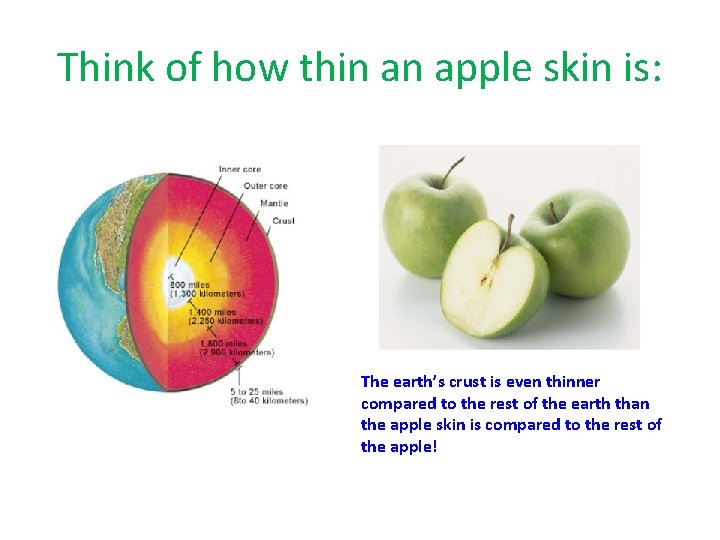 Think of how thin an apple skin is: The earth’s crust is even thinner
