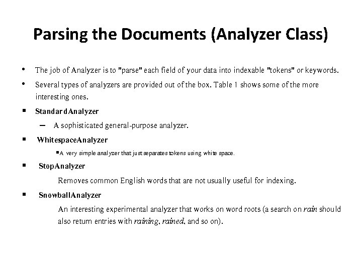 Parsing the Documents (Analyzer Class) • The job of Analyzer is to "parse" each