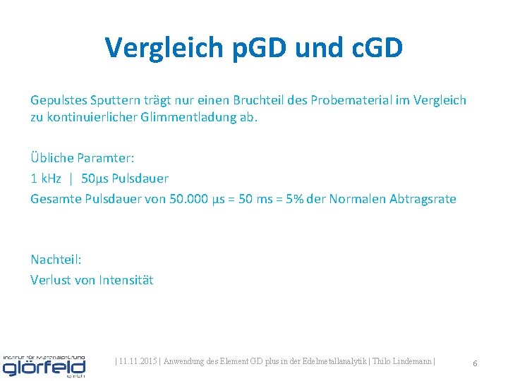 Vergleich p. GD und c. GD Gepulstes Sputtern trägt nur einen Bruchteil des Probematerial Vergleich p. GD und c. GD Gepulstes Sputtern trägt nur einen Bruchteil des Probematerial