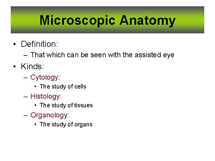 Microscopic Anatomy • Definition: – That which can be seen with the assisted eye