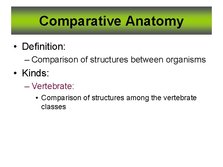 Comparative Anatomy • Definition: – Comparison of structures between organisms • Kinds: – Vertebrate:
