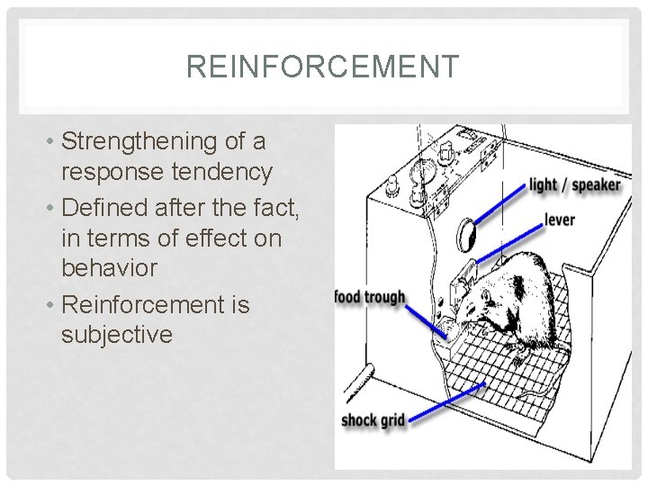 REINFORCEMENT • Strengthening of a response tendency • Defined after the fact, in terms