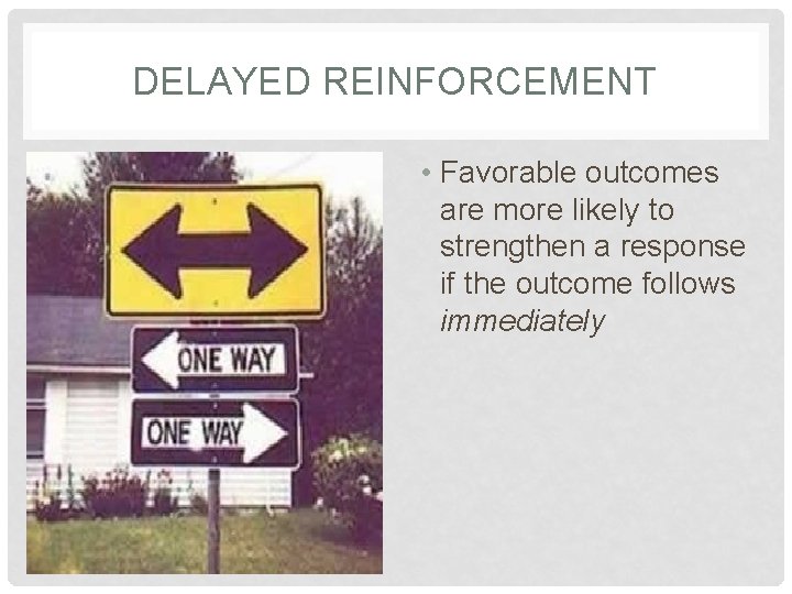 DELAYED REINFORCEMENT • Favorable outcomes are more likely to strengthen a response if the