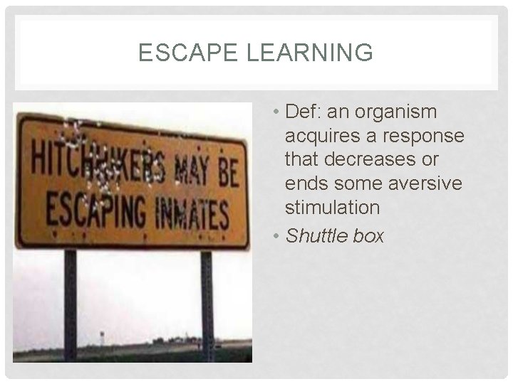 ESCAPE LEARNING • Def: an organism acquires a response that decreases or ends some ESCAPE LEARNING • Def: an organism acquires a response that decreases or ends some