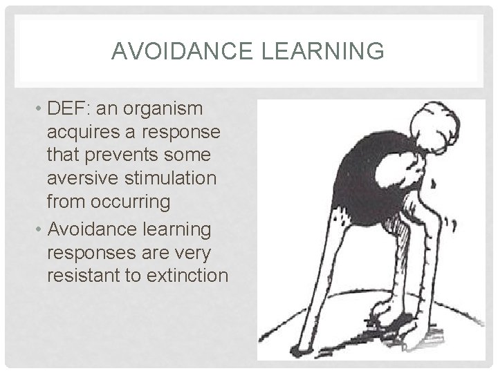 AVOIDANCE LEARNING • DEF: an organism acquires a response that prevents some aversive stimulation