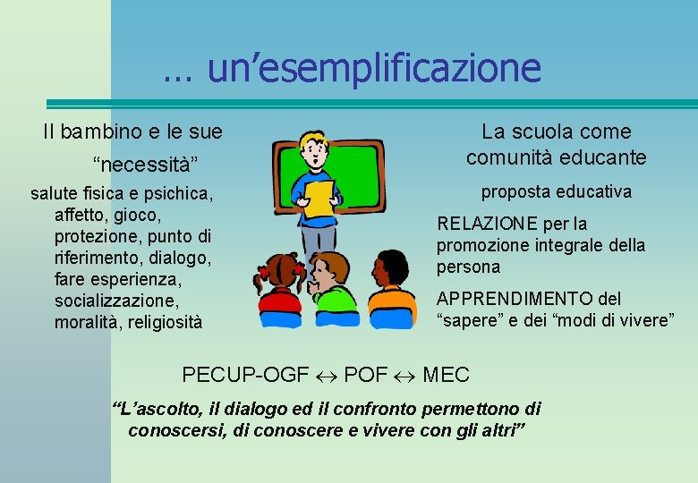 … un’esemplificazione Il bambino e le sue “necessità” salute fisica e psichica, affetto, gioco,