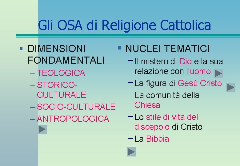 Gli OSA di Religione Cattolica § DIMENSIONI FONDAMENTALI – TEOLOGICA – STORICOCULTURALE – SOCIO-CULTURALE