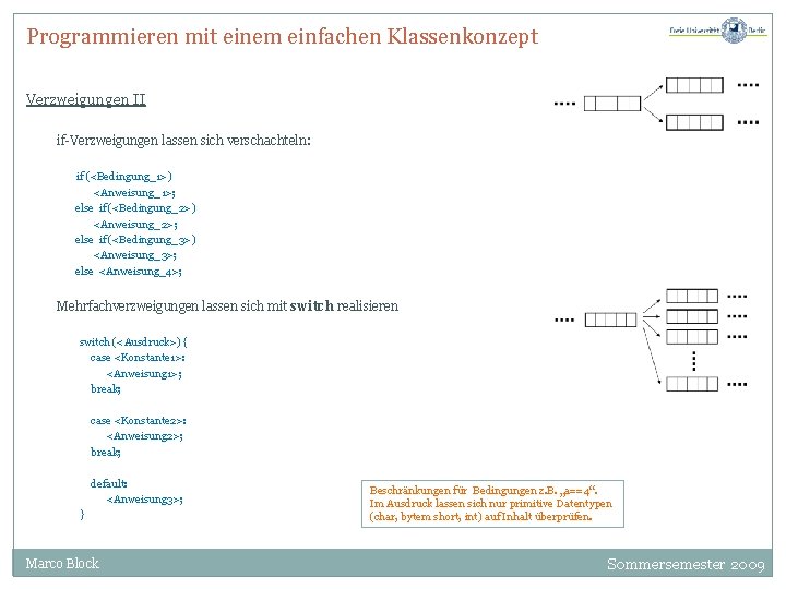 Programmieren mit einem einfachen Klassenkonzept Verzweigungen II if-Verzweigungen lassen sich verschachteln: if (<Bedingung_1>) <Anweisung_1>;