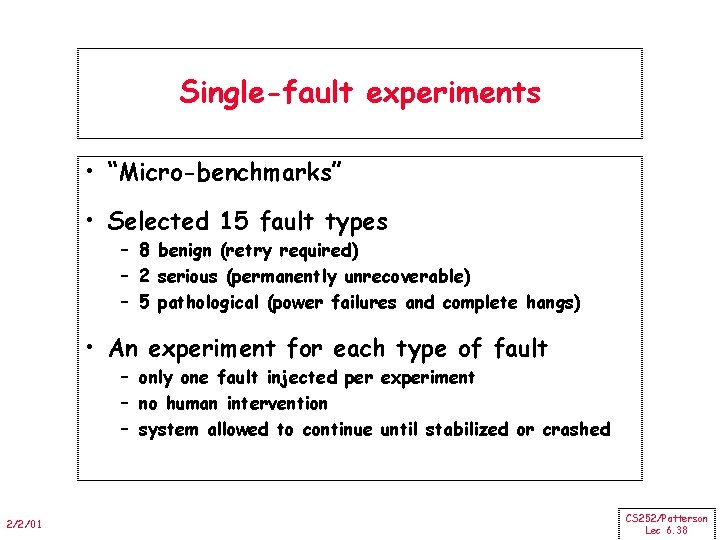 Single-fault experiments • “Micro-benchmarks” • Selected 15 fault types – 8 benign (retry required)