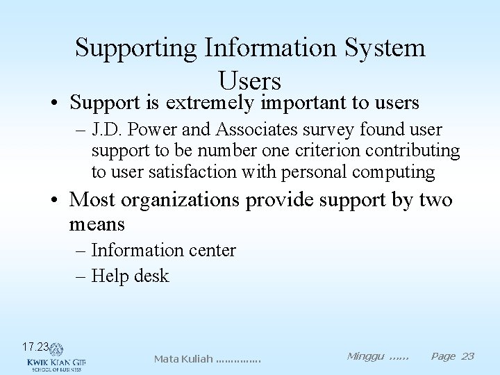 Supporting Information System Users • Support is extremely important to users – J. D.