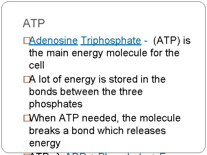 ATP �Adenosine Triphosphate - (ATP) is the main energy molecule for the cell �A