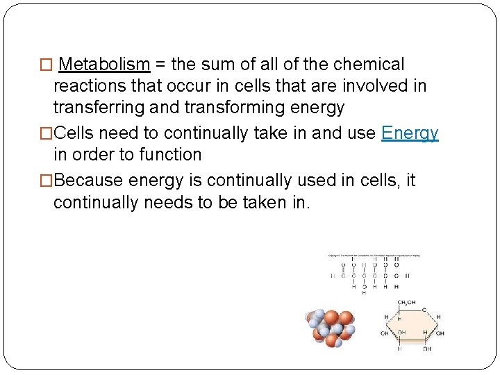 � Metabolism = the sum of all of the chemical reactions that occur in