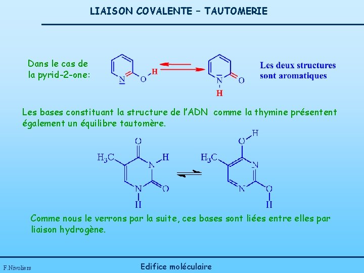 LIAISON COVALENTE – TAUTOMERIE Dans le cas de la pyrid-2 -one: Les bases constituant