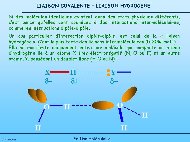 LIAISON COVALENTE – LIAISON HYDROGENE Si des molécules identiques existent dans des états physiques