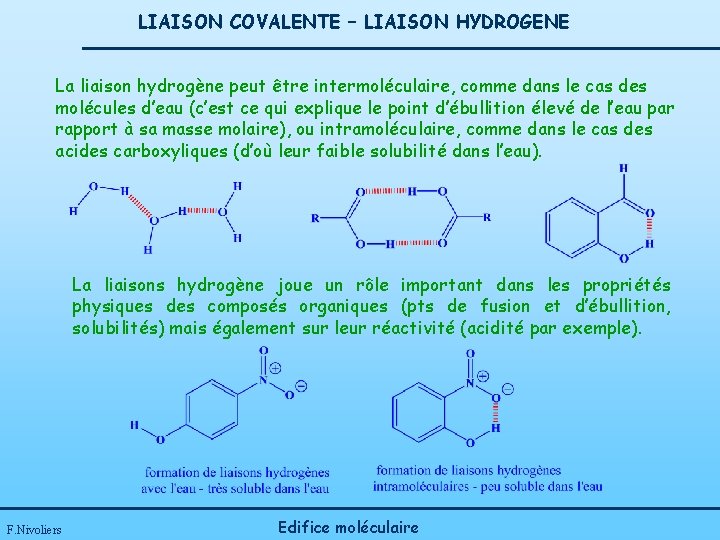 LIAISON COVALENTE – LIAISON HYDROGENE La liaison hydrogène peut être intermoléculaire, comme dans le
