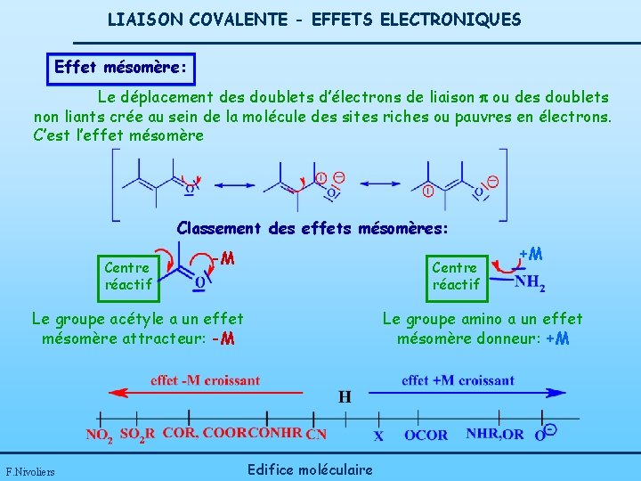LIAISON COVALENTE - EFFETS ELECTRONIQUES Effet mésomère: Le déplacement des doublets d’électrons de liaison